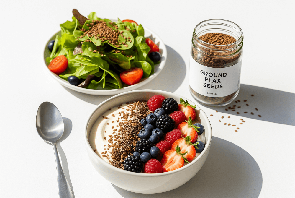 Flax seed breakfast bowl and salad showing healthy ways to include seeds in meals
