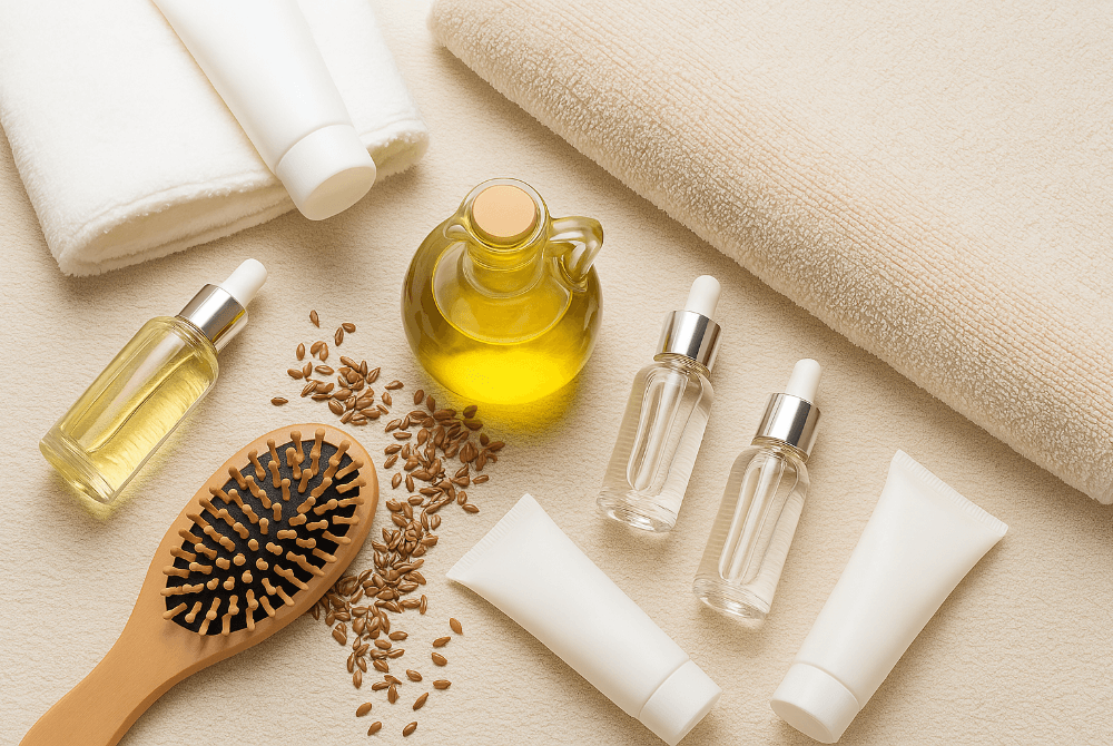 Flax seeds with oil, hairbrush, and skincare items arranged for natural beauty.