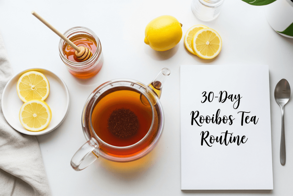 Brewed rooibos tea with honey and lemon beside a 30-day tea routine notepad