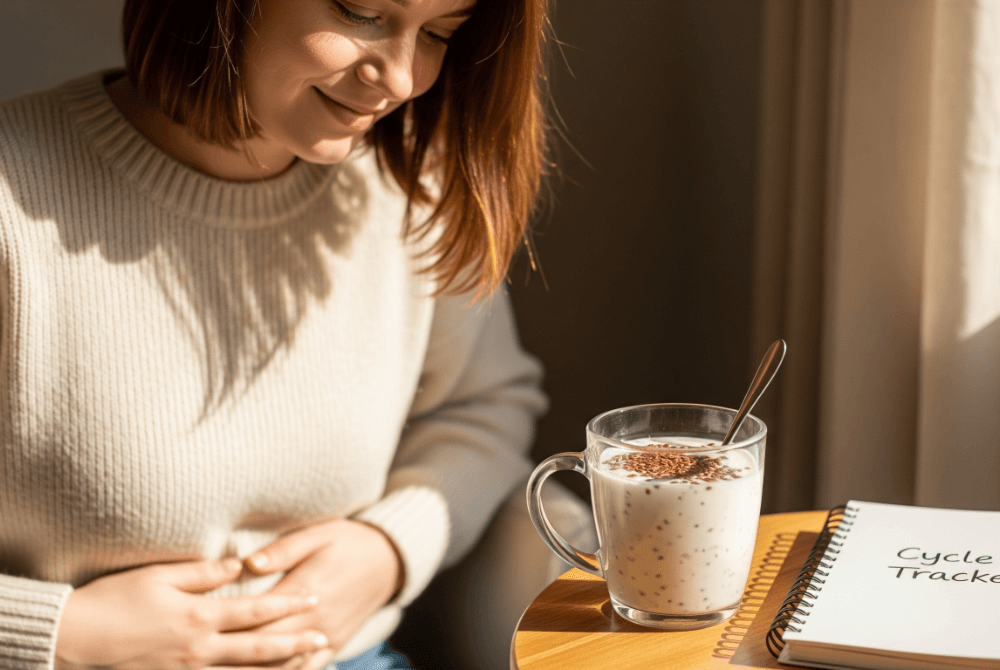 Woman enjoying flax-seed-based smoothie for hormonal health