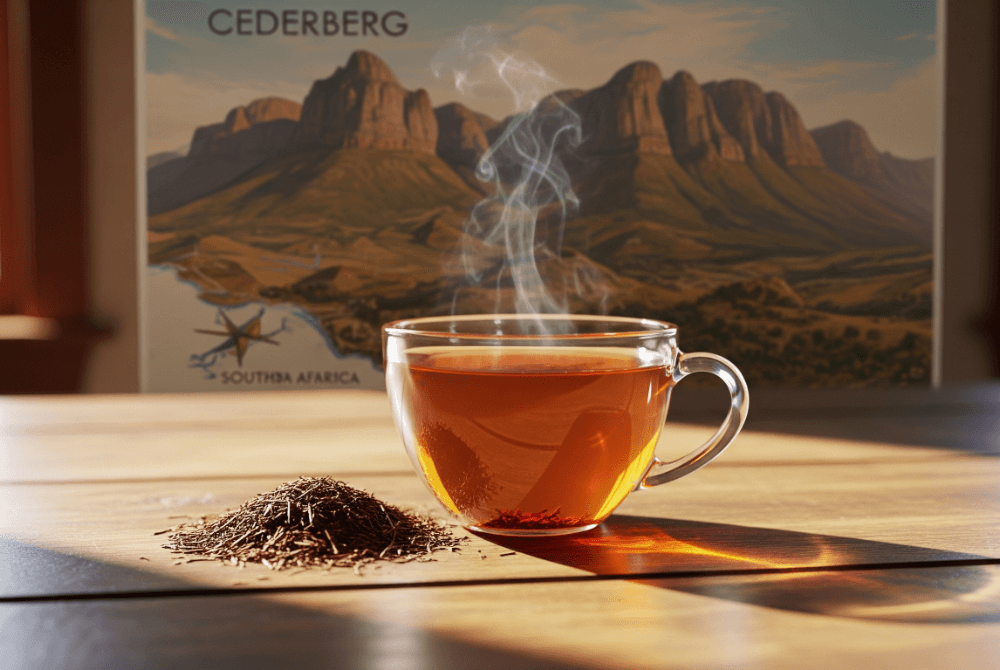 Cup of rooibos tea and loose leaves on table