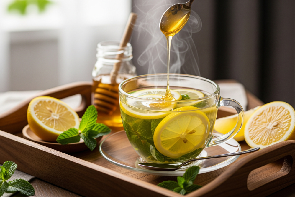 Spearmint tea served with lemon slices and honey on a wooden tray