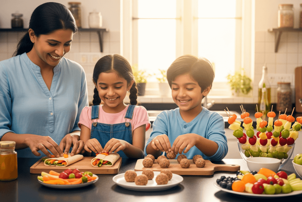 Children making healthy snacks with their parents at home