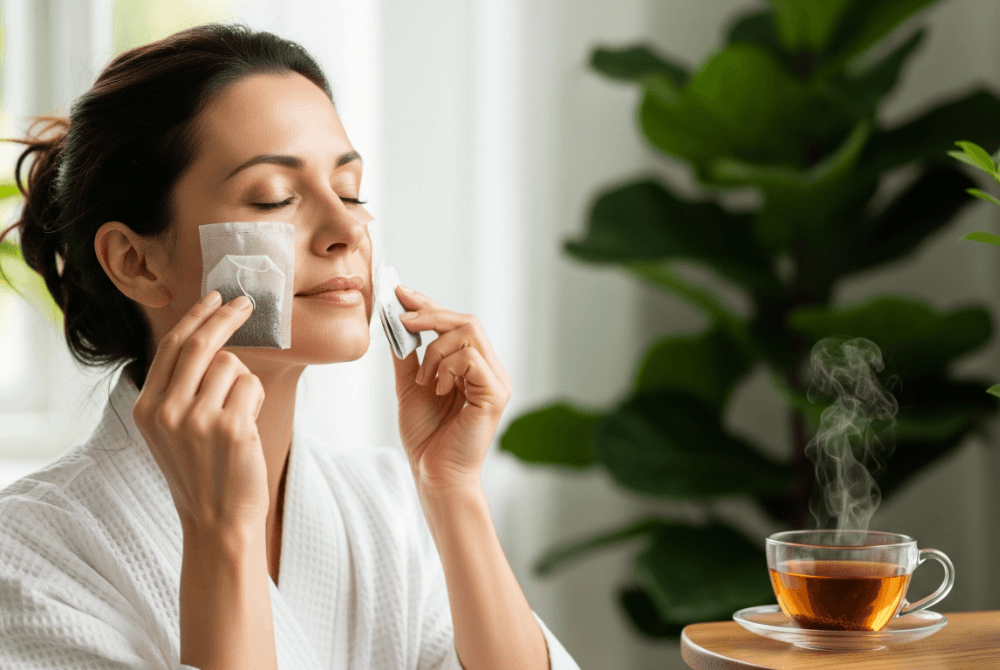 Woman using rooibos tea bags for glowing skin and inflammation relief