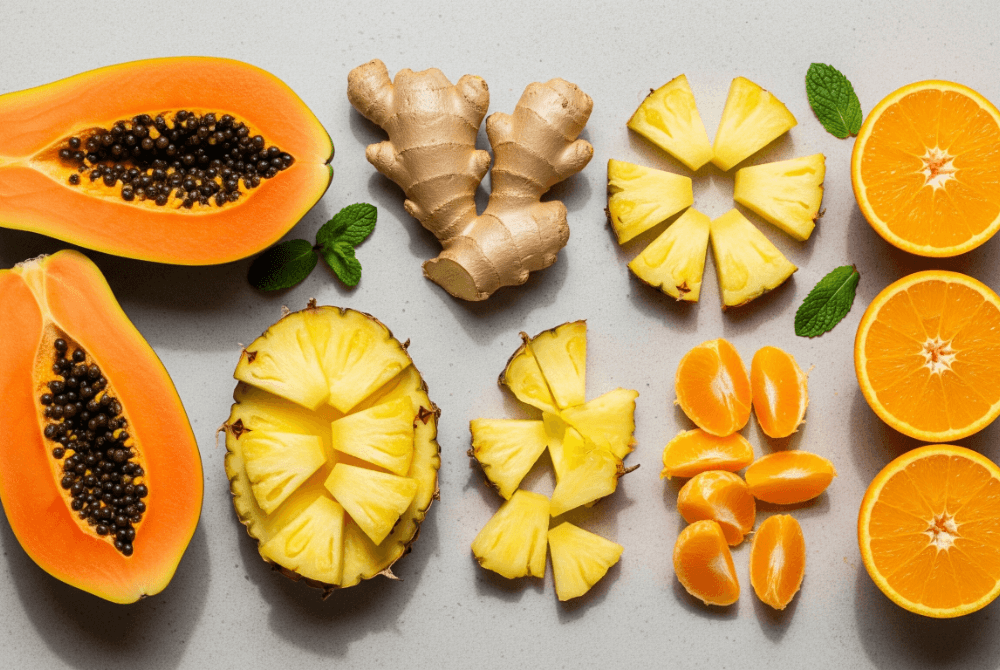 Natural foods like papaya, ginger, pineapple, and citrus for period induction