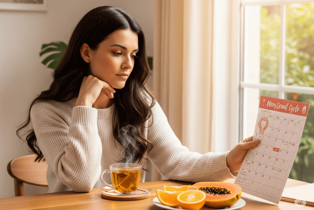 Woman planning menstrual cycle using journal and natural items