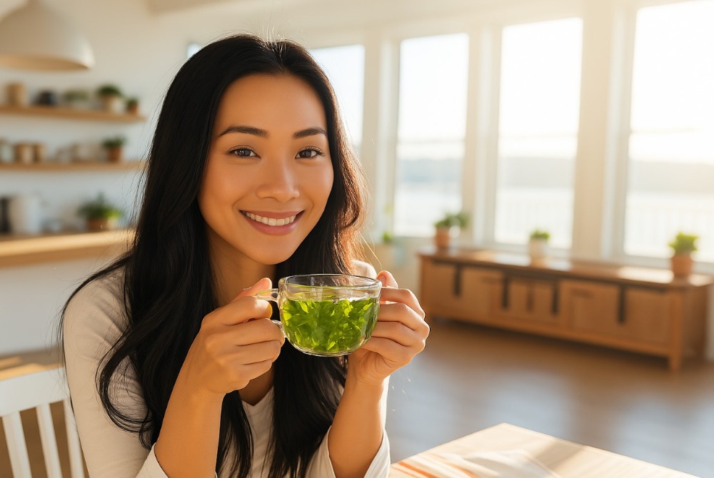Woman enjoying a cup of herbal tea for hormone balance