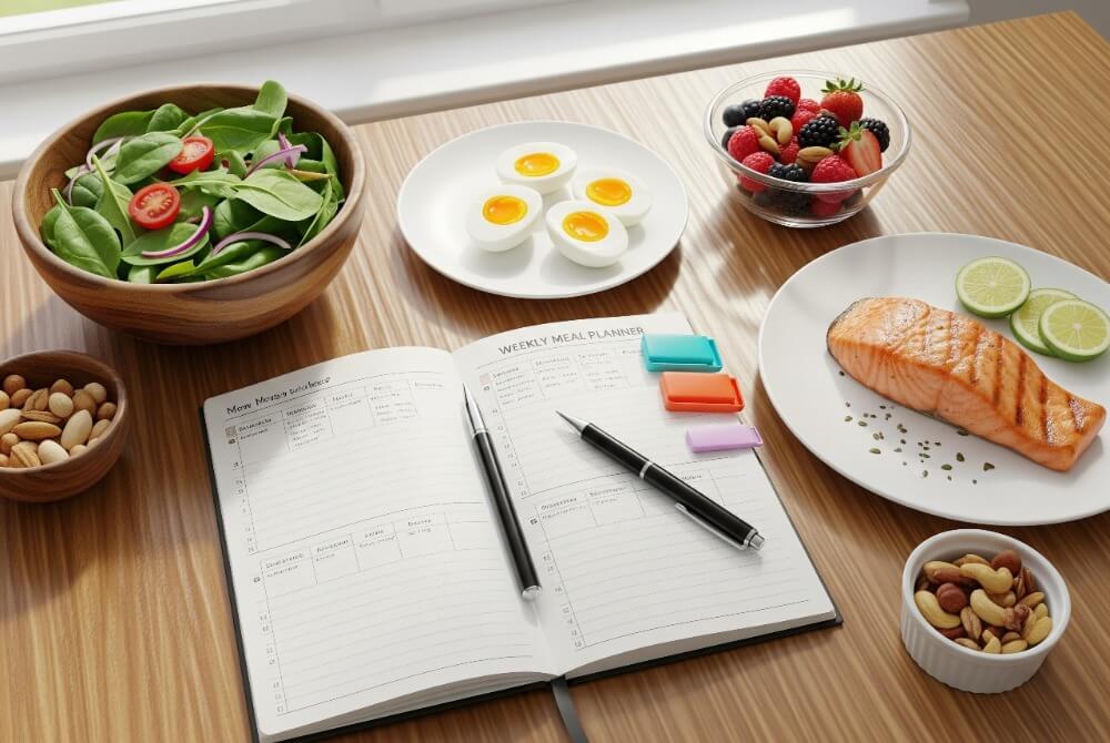 Daily meal plan for hair growth with yogurt, salmon, spinach