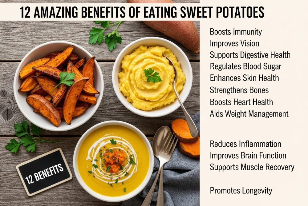 12 health benefits of sweet potatoes in 2025 including skin glow, brain boost, immunity, weight control, and more.
