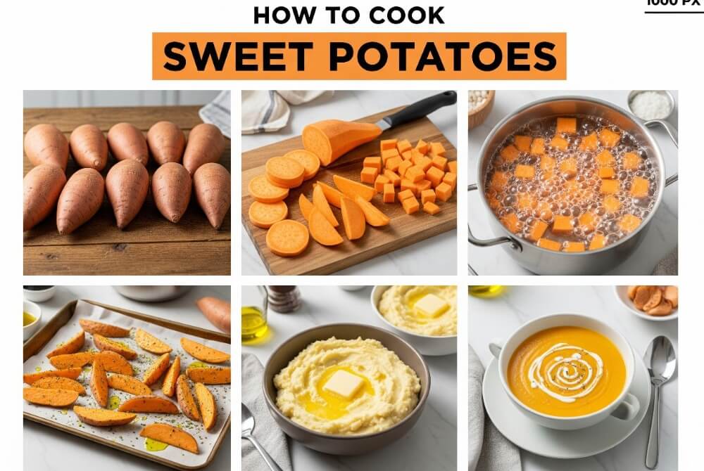 Four ways to cook sweet potatoes: baked, mashed, roasted, and soup