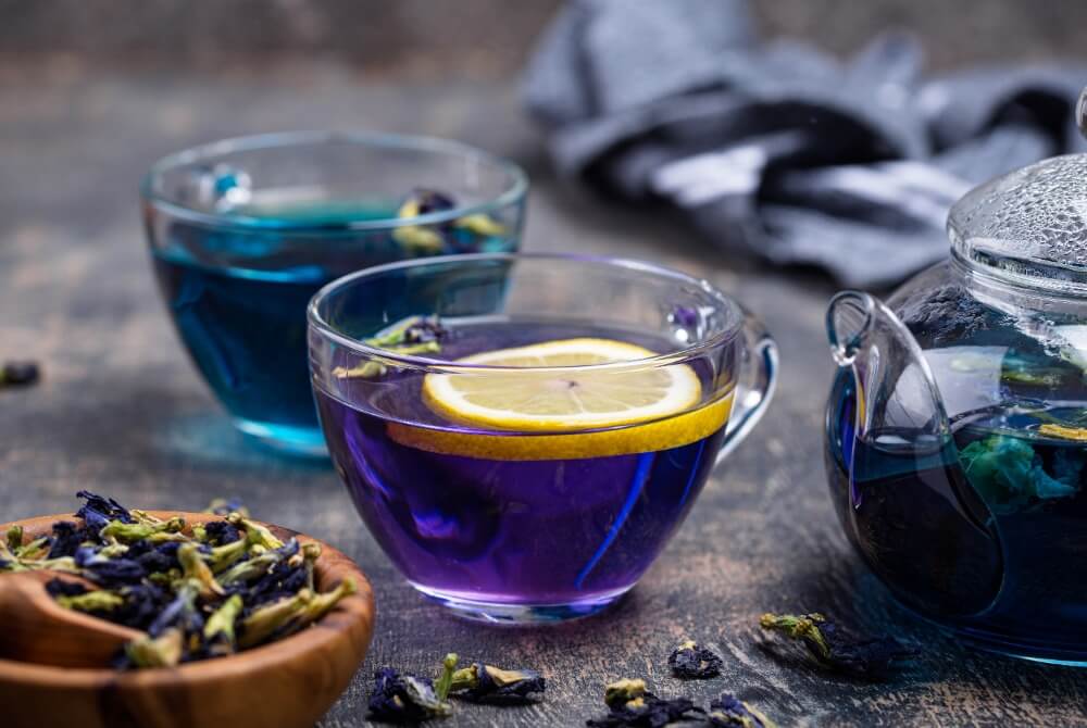 Various organic blue tea brands with dried butterfly pea flowers