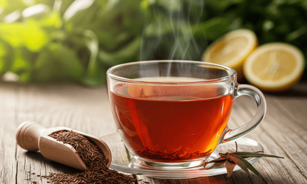 Cup of rooibos tea with dried leaves and natural herbs on a wooden table