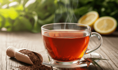 Cup of rooibos tea with dried leaves and natural herbs on a wooden table