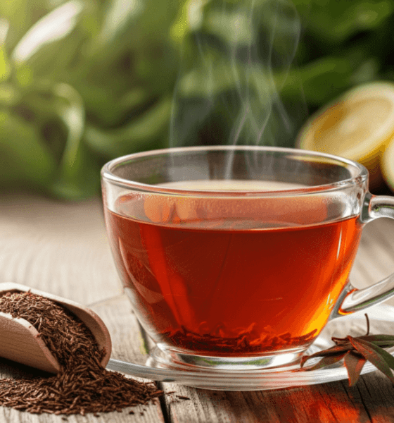 Cup of rooibos tea with dried leaves and natural herbs on a wooden table