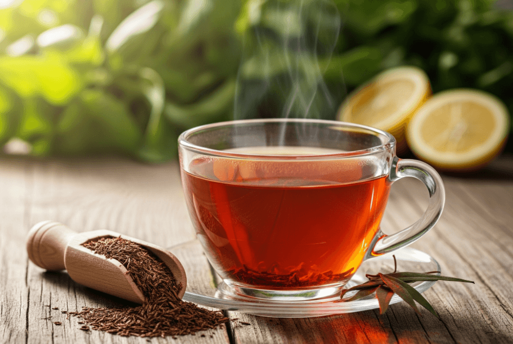 Cup of rooibos tea with dried leaves and natural herbs on a wooden table